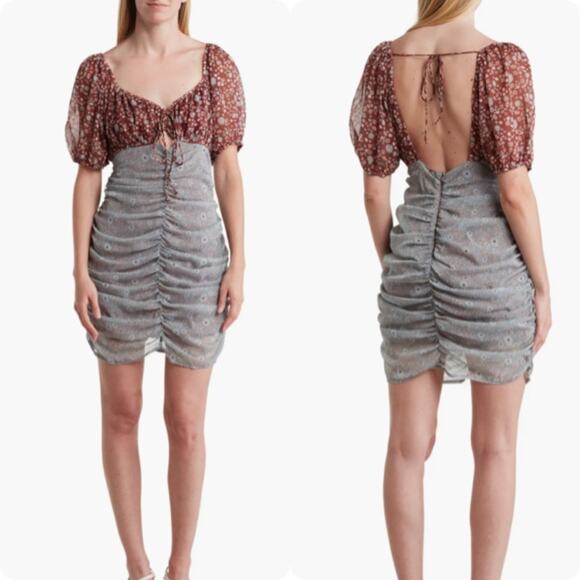 Free People Tessa Storm Combo Boho Floral Print Ruched Mini Dress Size Medium - Picture 1 of 10